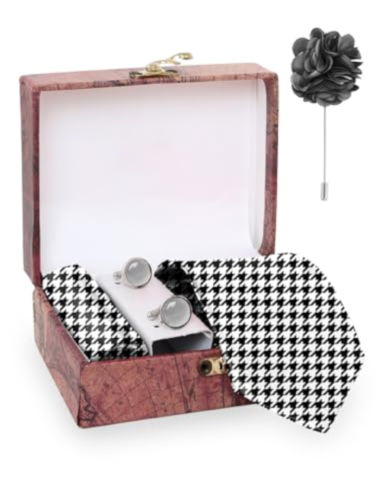 Houndstooth Printed Tie, Pocket Square, Cufflink & Lapel Pin Set