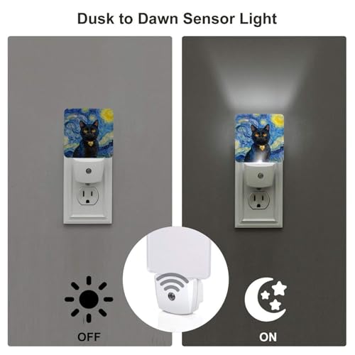 Image of Black Cat Night Light Set of 2, Starry Sky Auto Sensor LED Dusk-to-Dawn Nightlights, Plug-in Sensor Lamp for Bedroom Bathroom Kitchen Hallway Stairs Decorative