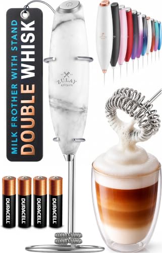 Image of Zulay Kitchen Powerful Milk Frother Wand With Duracell Batteries - Ultra Fast Handheld Drink Mixer - Electric Whisk Foam Maker for Coffee, Lattes, Cappuccino & Matcha - Double Whisk - Quartz