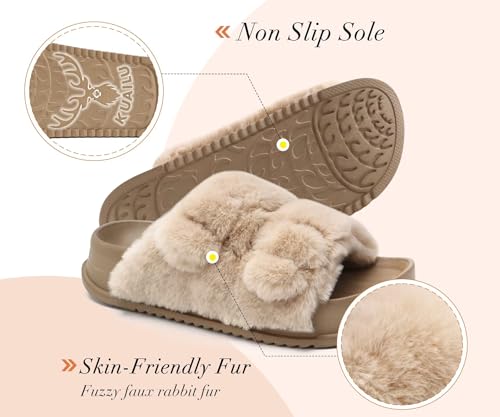 Image of KuaiLu Women's Fluff Slippers Plantar Fasciitis Arch Support Platform Slippers Ladies Fashion Open Toe Faux Fur Sliders Womens House Slipper Size 6-12
