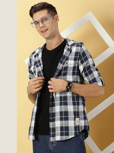 Image of Thomas Scott Men's | Checks | Full Sleeve | Regular Fit | 100% Cotton | Hooded | Casual Shirt