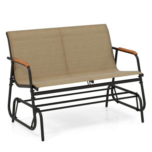 Image of Giantex Patio Glider Bench, 2-Person Swing Gliding Loveseat with Curved Teak Armrests, Fabric Seat, Metal Frame, Load 660lbs, Outdoor Rocking Chair for Porch, Yard, Poolside