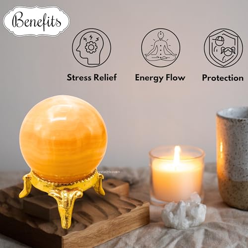 Image of Certified Yellow Calcite Banded Crystal Ball for Meditation - Premium Crystal Vastu Items for Home and Feng Shui Items for Good Luck - Ideal for Pooja Supplies and Spiritual Practices (2 inch Inch)