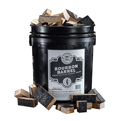 Midwest Barrel Company Bourbon Barrel BBQ Smoking Wood Chunks for Smoker (20 Pound Bucket) 1-4 Inch Large Wood Chunks for Smoking Meat - BBQ Accessories for Grills and Smokers