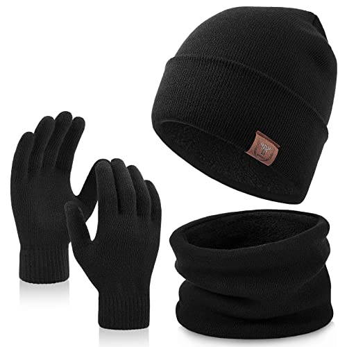 OZERO Mens 3 Piece Winter Hat Scarf Gloves Set Warm Fleece Lined Beanie Snood Neck Warmer and Touchscreen Gloves for Work Commute Dog Walking Travel Gifts