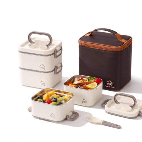 Image of House of Quirk 304 Stainless Steel Lunch Box, 2 Containers with 1 Divider Container, Insulated Lunch Bag & Spoon, Leakproof Bento Tiffin Box for Office, School & College, BPA Free (Beige)