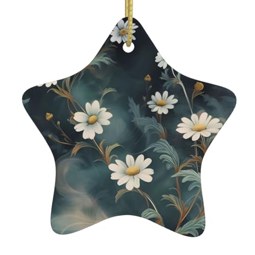 Fogy Daisy Flowers Christmas Tree Ceramic Hanging Star，Creative Ornaments with Gold Rope Pendant Jewelry for Holiday Events Wedding Parties Souvenirs Decorations