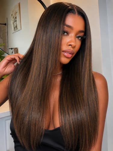 Image of KLAIYI Pre Everything Yaki Straight Glueless Ombre Highlight Balayage Brown 13x4 Lace Front Wigs Human Hair Drawstring Pre Plucked Bleached Knots 30S Ready to Wear and Go Wig Beginner Friendly 20Inch