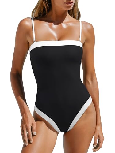 Black Swim Suits for Women 2026 Beach Wear Sexy One Piece Swimsuit Color Block Bandeau Strapless Padded Full Coverage Vacation Outfits Buit in Bra(Black Small)