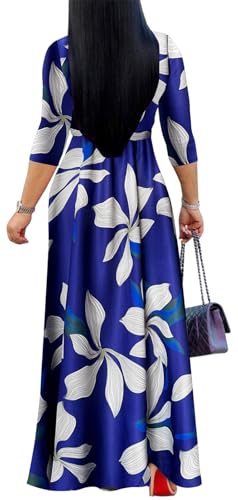 Image of Women's Floral Maxi Dress Summer Casual V-Neck 3 /4 Sleeve Long Bohemian Print Evening Party Dress