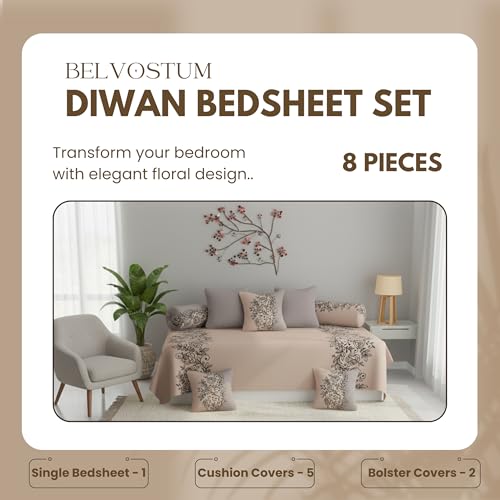 Image of Homes Vibrant Color and Printed Microfiber Diwan Set of 8 Pieces Combo with Cushions for Living Room, 1 Single Bedsheet, 5 Cushion Covers, 2 Bolsters Covers (Beige)