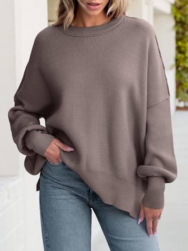 Image of ANRABESS Women Oversized Sweaters Batwing Long Sleeve 2026 Fall Outfits Crewneck Casual Knit Side Slit Fashion Pullover Top