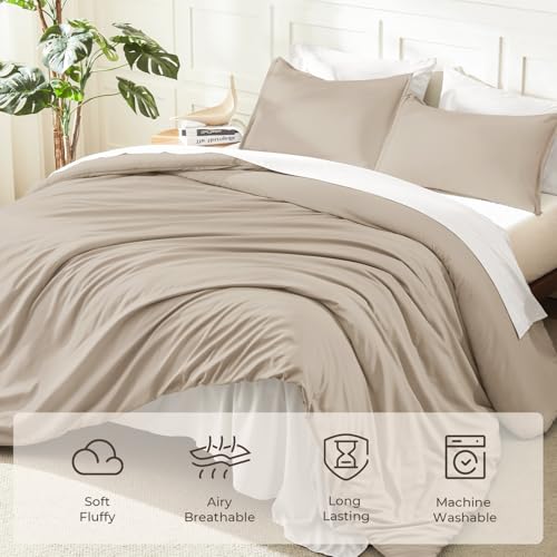 Image of Litanika Khaki Comforter Set Queen Size, 3 Pieces Solid Bedding Comforter Set, All Season Down Alternative Bed Set (90x90In Comforter & 2 Pillowcases)