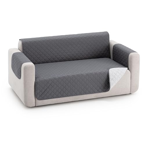 fundabel® Funda Cubre Sofá Due Acolchada Reversible, 3 Plazas (160 cm), Color Gris/Gris Claro Protector de Sofá Universal, Tacto Suave y Resistente, Ideal para Mascotas, Fabricada en España