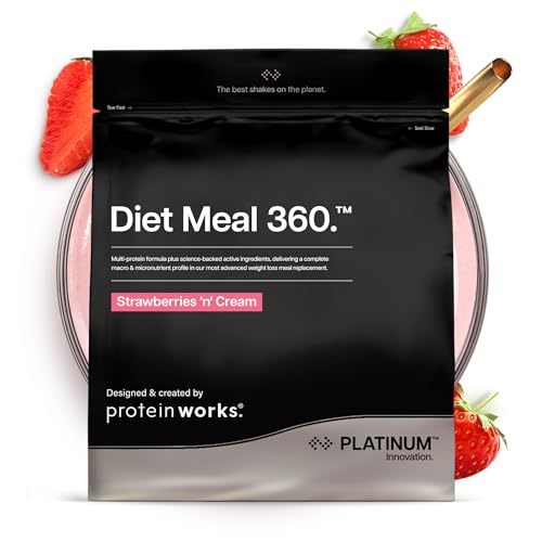 Protein Works | Diet Meal 360 – PLATINUM Innovation, Shake Repas Diététique, Soutient Perte de Poids, 26 Vitamines & Minéraux, Graines de Lin, Inuline, Oméga‑3, Fraise à la Crème, 33 Repas, 2kg