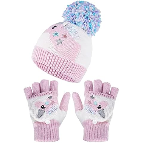 Tofern Kids Beanie Hat Gloves Set Boys Girls Cute Winter Outdoor Warm Fleece Lining for 3-8 Years Old Children, Unicorn Cover