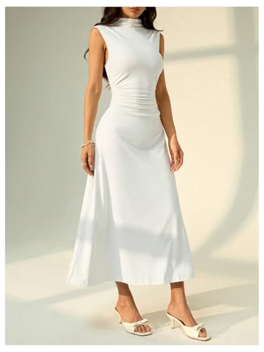 Floerns Women's Sleeveless Mock Neck Long Dress Ruched A Line Church Maxi Dresses2