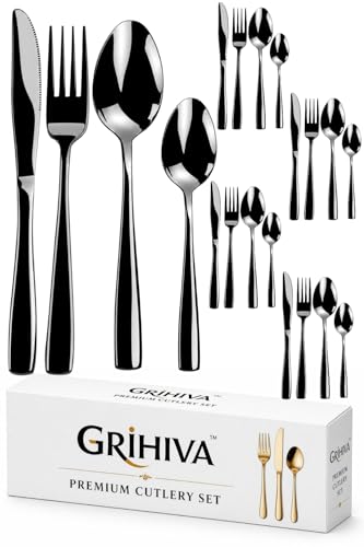 Image of 20 Pcs Black Mirror Polish Stainless Steel Cutlery Set for Dining Table with Spoons and Forks Set + Butterknives - The Perfect Tableware /Flatware
