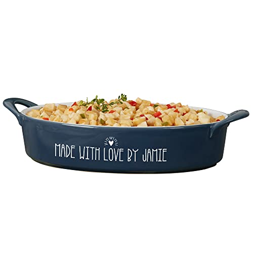 Personalization Universe Made With Love Personalized Oval Baking Dish - 3 Quart Stoneware Casserole Dish - Oven Safe, Microwave & Dishwasher Safe - Perfect for Baking, Cooking & Serving - Navy