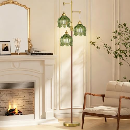 Image of ZECOXOL Wood Floor Lamps for Living Room Bedroom-Rustic Glass Floor Lamp with Three Led Bulb, Modern Mid Century Standing Lamp Brass Vintage Tall Lamp Gold Tree Floor Lamp for Bedroom Corner