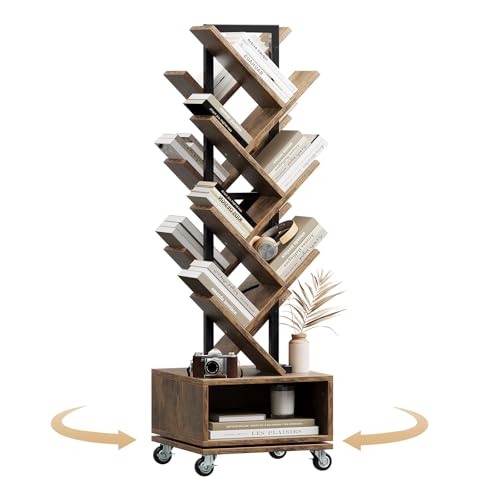 14-Tier Tree Rotating Bookshelf, 360 Degree Spinning Retro Floor Standing Bookcase with Storage Cabinet for Magazines DVDs Books for Small Spaces in Bedroom Living Room Home Office, Rustic Brown