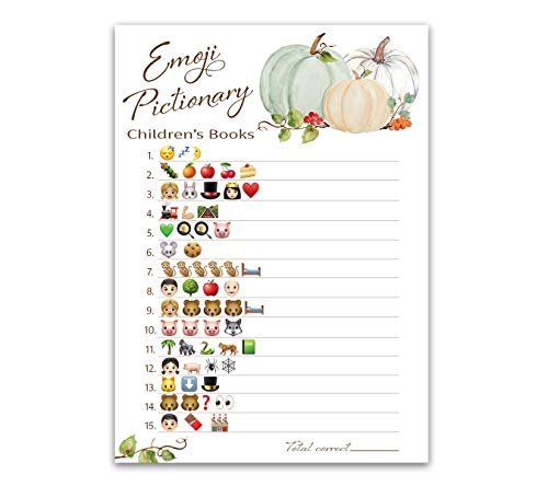 WHITE PUMPKINS EMOJI Baby Shower Games, Pack of 25, Pictionary Children's Books, FALL Baby Showers, Rustic GENDER NEUTRAL Baby Shower Games, Little Pumpkin Autumn Halloween Baby Party Games G332-EMJ