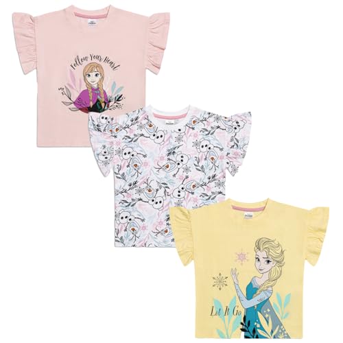Disney La Reine des Neiges Lot de 3 t-shirts pour filles | T-shirts Princesse Anna et Elsa | 100 % coton | Manches courtes de 2 à 10 ans, Multicolore, 5-6 ans