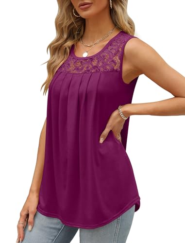 Image of Saloogoe Summer Tank Tops for Women Loose Fit Pleated Tunics Scoop Neck Sleeveless Lace Tops Curved Hem Flowy