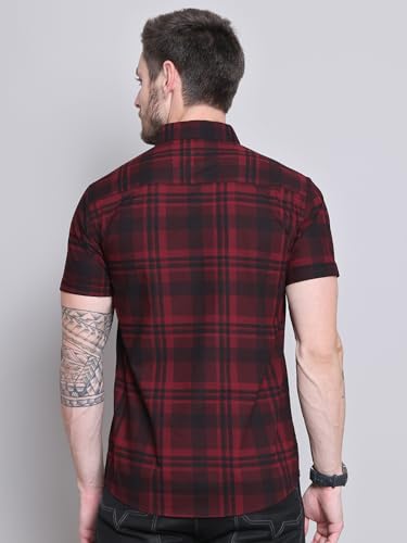 Image of Majestic Man Men Comfort Slim Fit Checked Pure Cotton Half Sleeve Casual Shirt