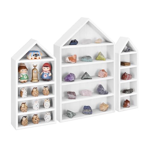 Ikee Design Juego de 3 estantes en forma de casa de madera, caja organizadora de almacenamiento para mini figuras, 15 compartimentos, color blanco