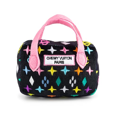 Haute Diggity Dog Chewy Vuiton Handbag Plush Squeaky Dog Toy Soft Durable Designer-Inspired Stuffed Puppy Chew Toys for Small & Medium Dogs Machine-Washable (Black Monogram) Small