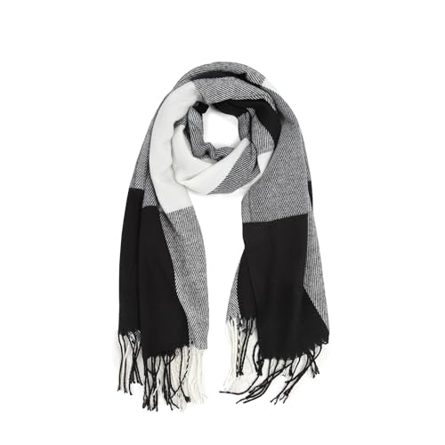 Miss Lulu Herrenschal Winter, Langer Karierter Wollschal, 200 x 60 cm, Warm und Weich, Extra Länge (Schwarz)