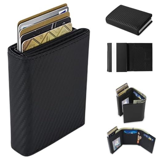 Carteira masculina para cartões de visita, com clipe para dinheiro, compartimentos de fibra de carbono, porta-cartões de crédito, bloqueio RFID, carteira fina com três dobras com janela para