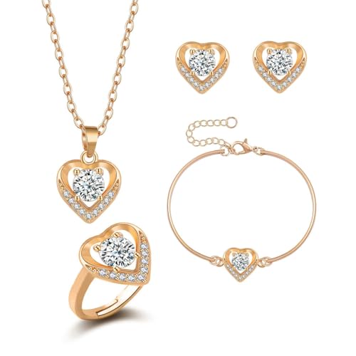 Auriselle Conjuntos joyas circonita mujer, conjunto joyas de 4 piezas colgante corazón, collar, pulsera, anillo pendientes, brillante, collares longitud ajustable, mujeres y niñas, dorado