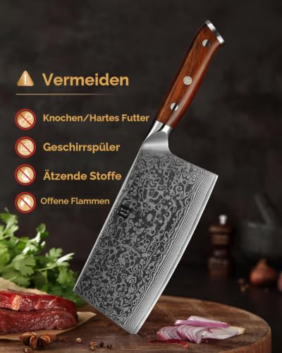 Foto von XINZUO Hackmesser Damaststahl 18cm Chinesisches Kochmesser, Hochwertige Profi Hackbeil Scharfe Klinge Küchenmesser, Geschenk box, mit Rosewood Griff - Yu Serie