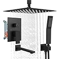 gotonovo Shower System with Tub Spout 12 Inch 3 Function Ceiling Mount Rainfall Shower Head with Handheld Spray Bathroom Luxury Shower Faucet Set with Rough-in Valve Trim Kit,Matte Black
