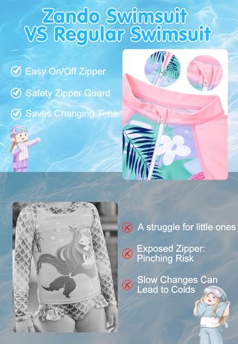 Image of Zando UPF50+ Girls Long Sleeve One Piece Swimsuit with Zipper - Rash Guard for Teens Toddler Kids 2-15 Years