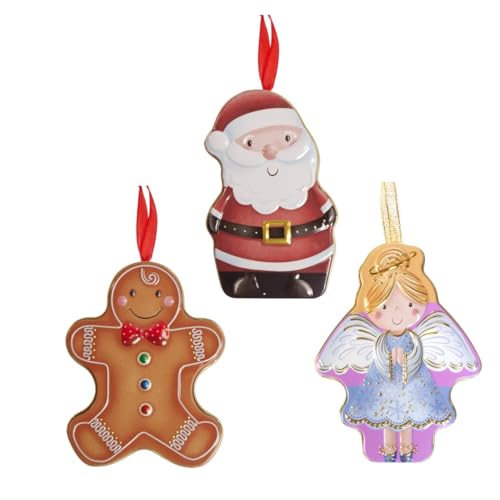 Santa, Gingerbread Man & Angel Fairy Mini Tins with Milk Chocolate Coins or Gingerbread Biscuits – Christmas Tree Hanging or Decoration/Small Gift/Stocking Filler Set
