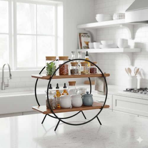 Image of Wooden Kitchen Rack Organiser 2 Tier Shelf | Circular Multipurpose Solid Acacia Wood Storage Organizer | Grocery Spice Rack | Sugar Containers, Jars, Bottels Holder for Kitchen | Food Safe