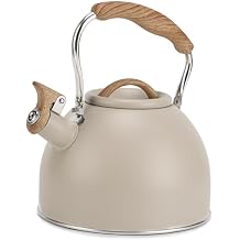 Tea Kettle, Vegoran 100 OZ / 3 Liter Whistling Tea Kettle, Tea Pots for Stove Top Food Grade Stainless Steel with Wood Pattern Folding Handle, Loud Whistle Kettle for Tea, Coffee, Milk Milk White