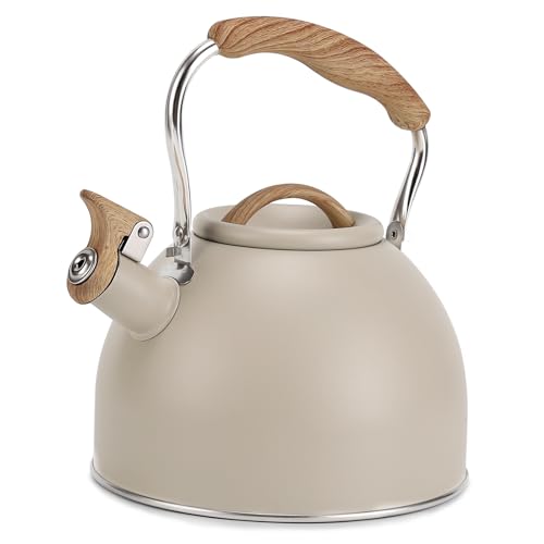 Tea Kettle, Vegoran 100 OZ / 3 Liter Whistling Tea Kettle, Tea Pots for Stove Top Food Grade Stainless Steel with Wood Pattern Folding Handle, Loud Whistle Kettle for Tea, Coffee, Milk (Milk White) by Vegoran - Used condition - US$18.56