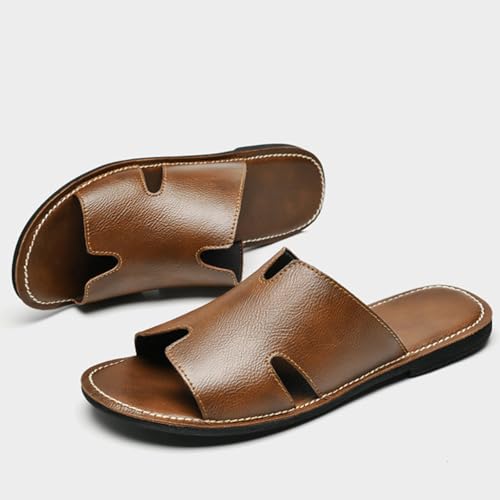 SEDFGLS Men's Genuine Leather Flat Slides Sandals Summer Classic Round Open Toe Slip On Softsole Male Sandals for Beach Walking Slides4