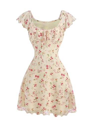 SweatyRocks Girl's Floral Print Mesh Summer Dresses Tie Front Ruffle Sleeve A Line Short Dress