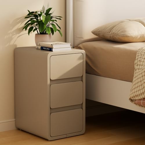 AQIMUELE Mesita de noche pequeña, mesita de noche delgada con 3 cajones, mesa auxiliar estrecha montada con superficie de cuero para dormitorio, 30 cm (caqui)