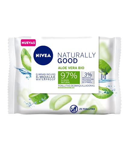 NIVEA Naturally Good Toallitas Desmaquilladoras Biodegradables (25 ud.), desmaquillante facial con un 97% de ingredientes de origen natural, toallitas refrescantes