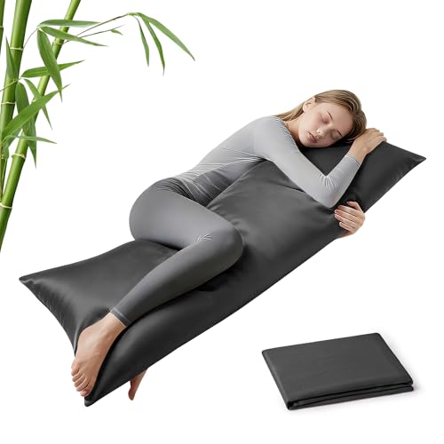 MR&HM Cooling Body Pillow Case 20x54 Body Pillow Cover for Hot Sleepers Breathable & Moisture Wicking Soft Envelope Long Pillowcase Rayon Derived from Bamboo & Polyester Blend Dark Grey