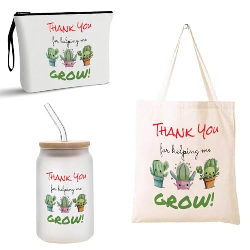 PRINTSHOP4ME Teacher Appreciation Gifts - Pack of 3 Eco-Friendly Gift Set - Reusable Glass Bottle Cotton Bag Cosmetic Bag - Teachers Day Giftset