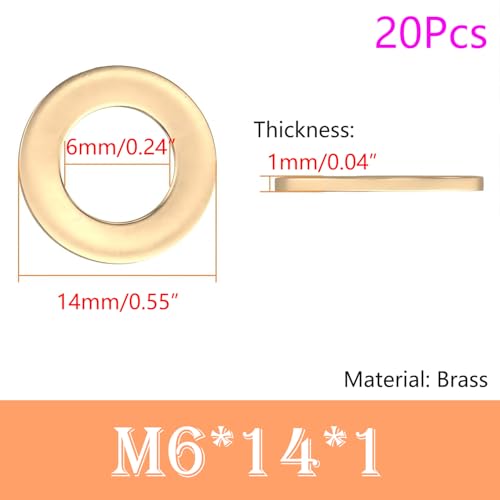 Qrity Brass Flat Washer, 20PCS M6 x 14mm Round Seal Washer Spacer, O Ring Washers, Sealing Gasket Washers for Screws - Image 2