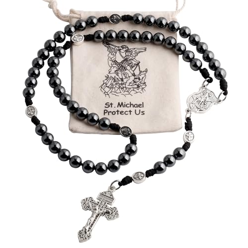 HanlinCC 10mm Hematite Stone Beads Handmade Saint Michael Paracord Rosary Necklace for Men and Women2