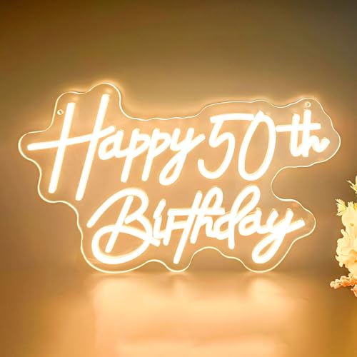 Image of Happy 50th Birthday Neon Sign For Birthday Party16.5 inch*10.5 inch Neon Happy Birthday Led Neon Light For Party Backdrop Wall Decor With Dimmable Switch Birthday Light Up Sign Birthday Gift